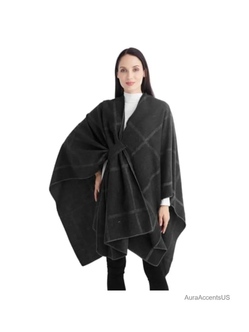 Reversible Poncho Shawl Wrap Women Soft Acrylic Polyester Open Front Travel Cape